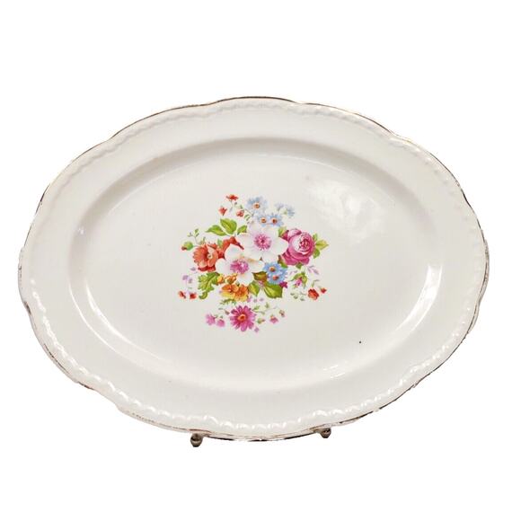 VTG Crooksville Oval Serving Plate Platter Embossed Gold Trim Floral Rose 13.5” - Picture 1 of 8